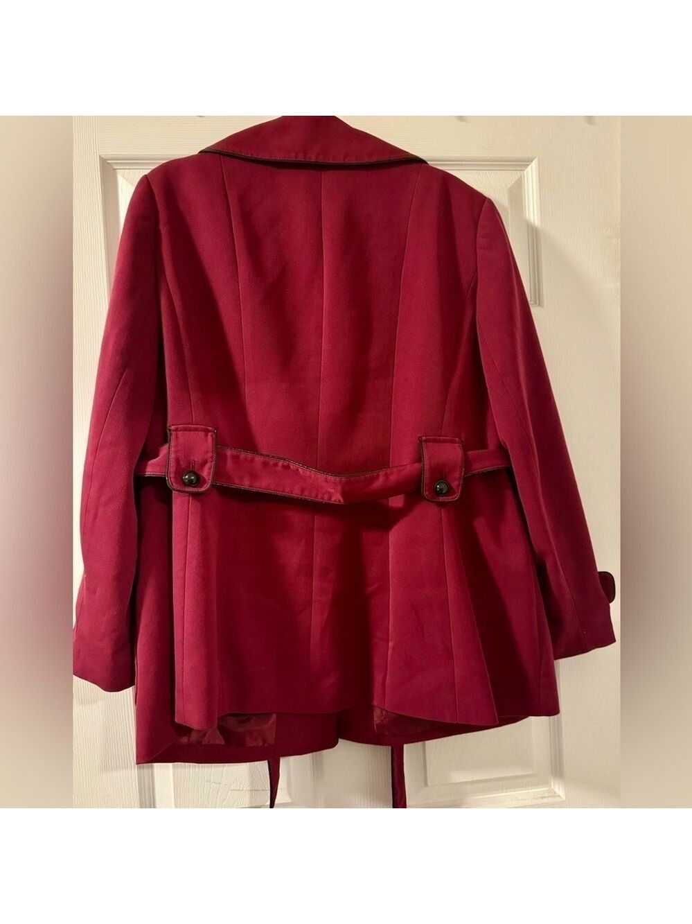 Nine West Woman’s Jacket Burgundy Self Tie Belt, Buttons, Black Trim, Size 16W - Picture 5 of 5